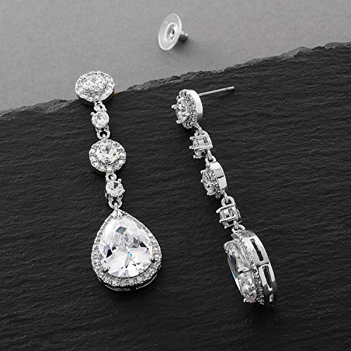 Mariell Cubic Zirconia Platinum Pear-Shaped Teardrop Dangle Earrings for Brides, Weddings, Bridesmaids