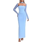 HTZMO Women Long Sleeve Bodycon Maxi Dress Halter Neck Ruched Elegant Wedding Guest Formal Long Dresses