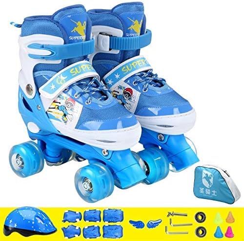 ZHANGKANG Single row roller skates Adjustable Full Flash Children Double Row Four-wheel Roller Skates Skating Shoes Set, Size : S(Pink) (Color : Blue)