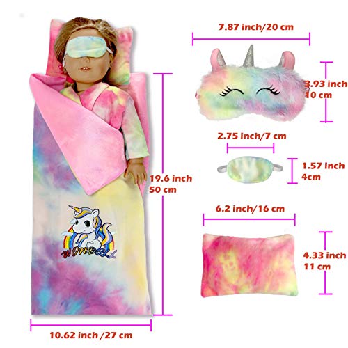 WONDOLL 18inch Doll Clothes and Doll Sleeping Bag Set with Matching Sleepover Masks & Pillow