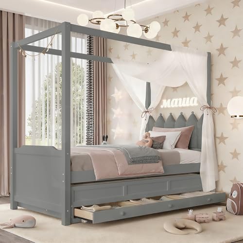 Bellemave Twin Size Canopy Platform Bed with 3 Drawers and Trundle, Twin Canopy…