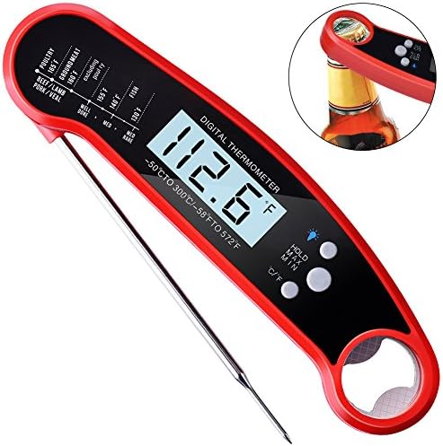 Meat Thermometer, Ulocool Waterproof Instant Read Cooking Thermometer, Kitchen Thermometer with Digital Display and Bottle Opener Function for Food, Candy, Milk, Tea, BBQ Grill Smokers (Red)
