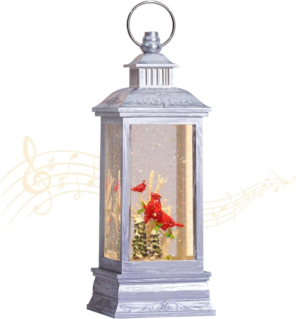 Snow Globes - GOOSH Lighted Christmas Snow Globe Lantern, Red Bird On Tree in Musical Decoration Gift with Battery Operated LED Water Glittering Music Playing with 6H Timer, Christmas Home Lantern Décor…