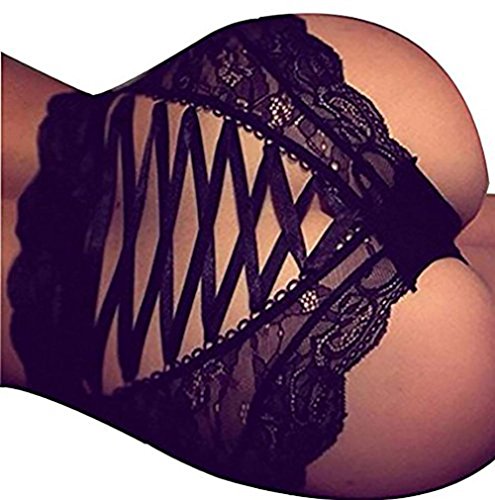Fashine Women's Sexy Hollow Out Lace High Waist Briefs Underwear Panties (M, Black)