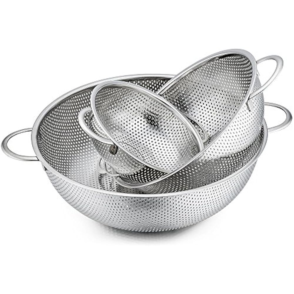 Colander Set Of 3, Stainless Steel Perforated Metal Strainer With