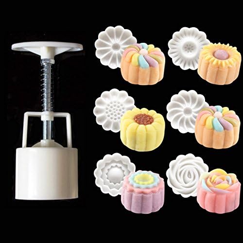 Rosiness Hand Pressure Moon Cake Mold with 6 Flower Shape Stamps Mid Autumn Festival DIY Decoration Round