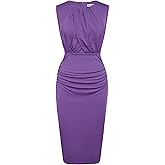 Women's Ruched Bodycon Dresses Patchwork Drape Sleeveless Summer Crew Neck Midi Cocktail Dress Wedding Guest Purple S