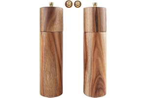 Wooden Salt and Pepper Grinder Set with Gold Detail, Sustainable Acacia Wood, 8" - Elegant Sea Salt Grinder and Black Pepper 