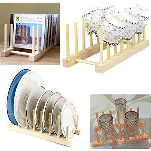 Baifeng Universal 2 Size Durable Healthy Wooden Dish Rack, Dish Plate Fold Holder Stand, Dry Shelf Storage Rack, Book Storage Stand,Canteen Kitchen Supplies (S)