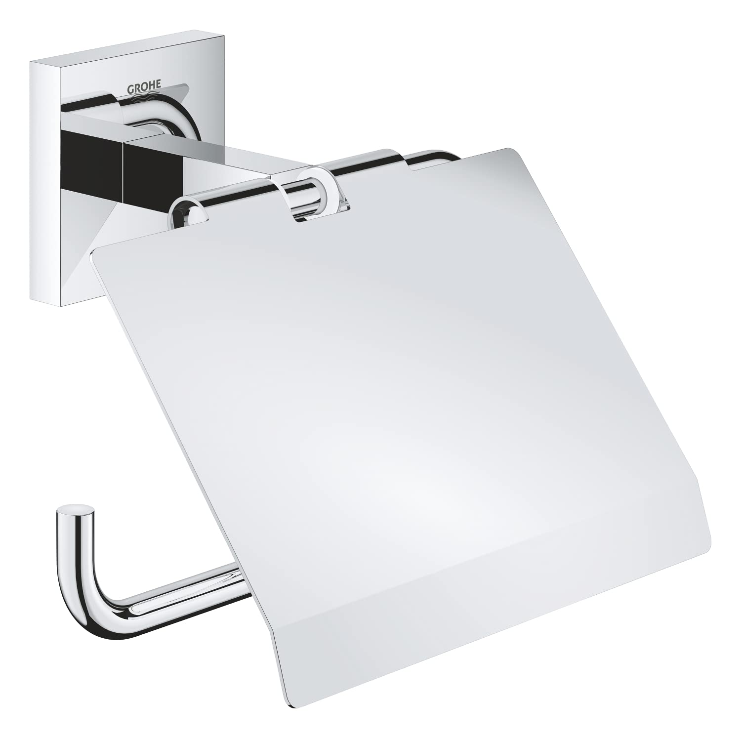 GROHE Start Cube Toilet Roll Holder with Cover (Metal, Wall Mounted, Concealed Fastening, Including Screws and Dowels), Size 111 mm, Extra Easy to Fit with GROHE QuickGlue, Chrome, 41102000
