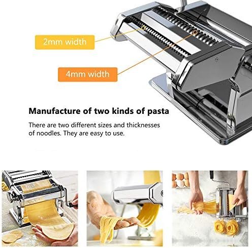 Sailnovo Machine à Pâtes Manuelles en Acier Inoxydable pour Faire Tagliatelle Spaghettis Lasagnes Ravioles (Argent)
