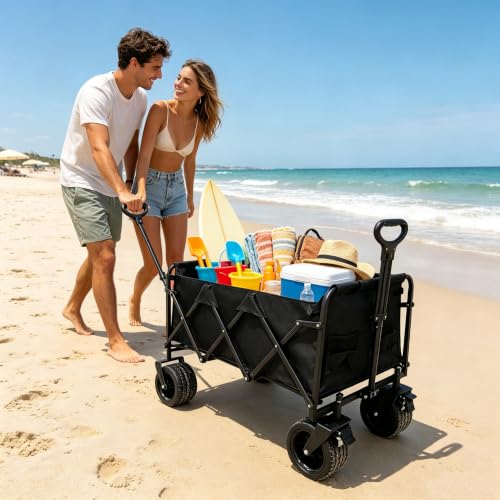 Tule Tuowu 500lbs Large Capacity Collapsible Festival Trolley on Wheels | Heavy Duty Wagon with All-Terrain Wheels,Brakes & Automatic Rebound Handle for Camping,Outdoor,Garden,Shopping