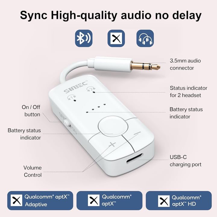 AirFly Bluetooth Adapter Aeroplane for Headphones, Airplane Wireless Audio Transmitter for 2 AirPods AptX Low Latency with 3.5 mm AUX Jack Transmitter, 35 Hours Battery Life for Gym, Travel, White