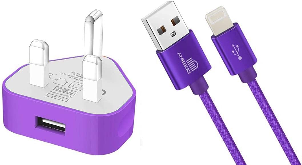 AMO USB Charger Plug UK, USB Plug Adapter Data Cable 2 Metre Compatible For iOSiPhones 5 5S 5C SE 7 8 X XS XR 11 12 13 14 i Pad iOSiPod Air Pods (Purple 1Amp)