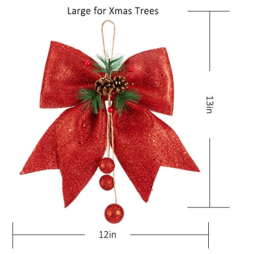 Alphatool 4pcs Red Christmas Decorative Bows with Pinecone for Wreath Garland Treetopper Christmas Tree Gifts Party Home Indoor or Outdoor Holiday Decorations (Red, 10W12L)
