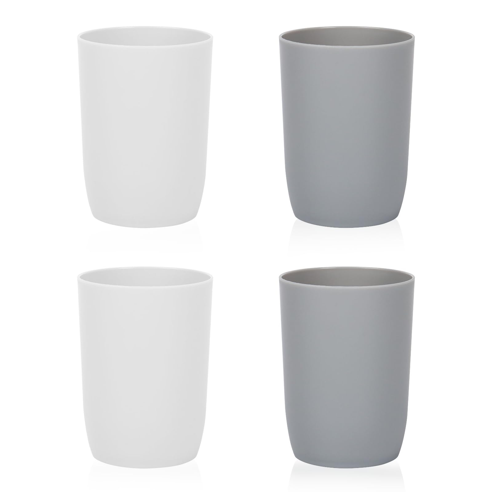 Qulable Plastic Cups Reusable Unbreakable Tumblers, Set of 4 Travel Mugs, Mouthwash Bathroom Cup Stackable, Plastic Water Cup 280ml for Adults Kids, Dishwasher & Microwave Safe (White & Grey)