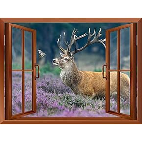 an Elk Deer and a Butterfly Outside an Open Window | Removable Wall Sticker/Wall Mural - 24"x32"