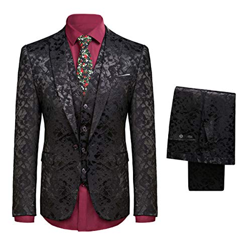 YFFUSHI Mens One Button Tailoring Floral 3 Piece Slim Fit Suit