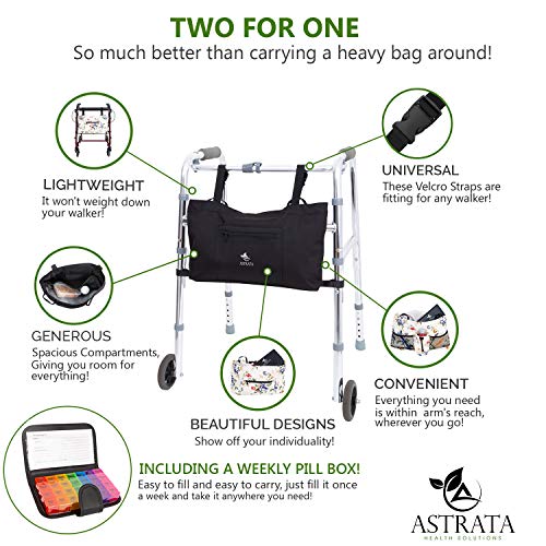 Rollator Walker Accessories with 7 Day Pill Organizer Box - Seniors Travel Storage Caddy Pouch Bags - Elderly Rollator Accessories with Weekly Medicine Case Container - Tote Holder Pockets & Pillbox - Thumbnail 2