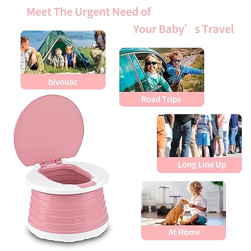 Folding Toilet for Children, Travel Potty, Folding Toilet Chair, Portable Potty Seat, Indoor Outdoor Travel Potty for Baby Training with Travel Bag (Pink)
