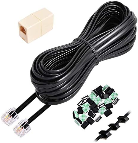 Telephone Extension Cord 25 Feet, Phone Cord with 1 in-Line Coupler and 20 Cable Clips, Cable Wire Line with Standard RJ11 Plug ( Black )