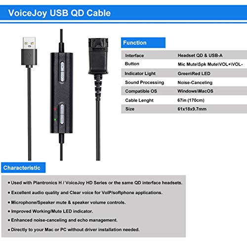 Headset QD(Quick Disconnect) Connector to USB Adapter Cable with Volume