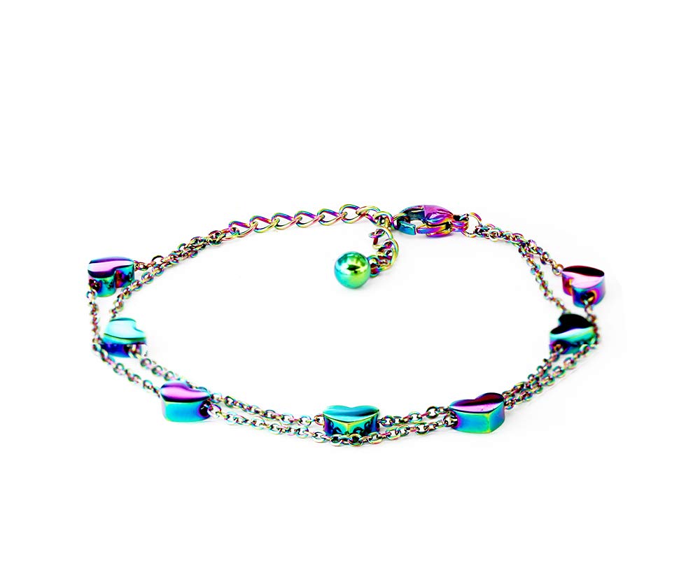 Kaguyo Gold Bracelets for Women - Rainbow Stainless Steel Seven Heart Double Layer Chain Adjustable Infinity Link Charm Bracelet for Women and Girls - Friendship Bracelets