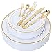 NERVURE 175 Piece Gold Plastic Plate & Cutlery Set Service for 25 Disposable Place Setting Include: 25 Dinner Plates,25 Dessert plates, 25 Forks,25 Knives, 25 Spoons, 25 Mini Forks,25 Mini Spoons.