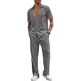 COOFANDY Men's 2 Piece Outfit Casual Short Sleeve Button Down Shirt Beach Summer Loose Pant Sets