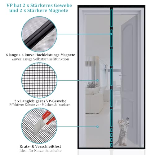 Apalus VP Fly Screen Door, Magnetic Insect Protection Balcony Door, 90 x 200 cm, Very Durable, Cat Claw-Safe, Stronger Magnets, 3.8 cm Wide Velcro Strap, Cannot Be Shortened
