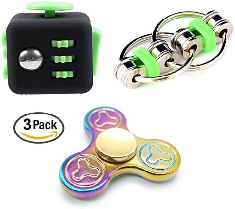 3 Pack Fidget Toys,Rainbow Colorful Spinner,Finger Cube,Fidget Bike Chain Toy for ADD ADHD Stress And Anxiety Relief (Black Green)