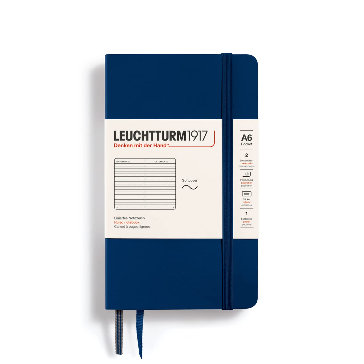 LEUCHTTURM1917 349303 Notebook Pocket (A6) Softcover, 123 Numbered Pages, Ruled, Navy