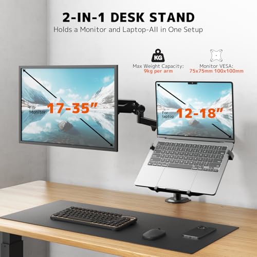 PUTORSEN Monitor Mount with Laptop Arm for 17-35 Inch Screens up to 18 Inch Notebook, Fully Adjustable Spring Supported Laptop Holder Desk, VESA 75 x 75/100 x 100 mm