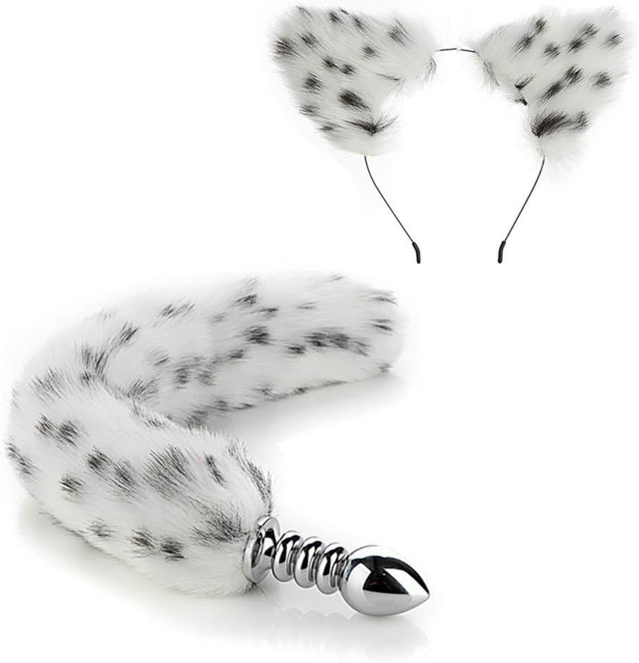 2 PCS Fluffy Faux Tail & Cat Ears Headband Charms Role Play Costume Party Masquerade Cosplay Prop Black white stitching