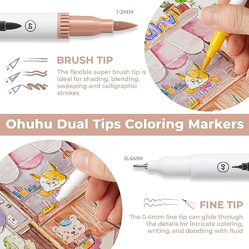 Ohuhu Rotuladores para libros de colorear para adultos, sin traspaso de tinta, 120 colores, a base de agua, doble punta (delineador fino y pincel) - Maui - Blanco