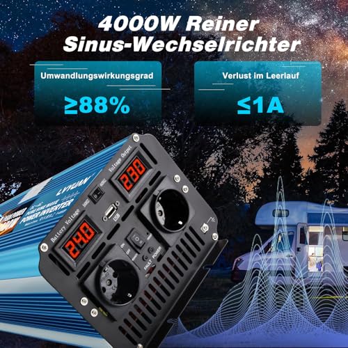 LVYUAN 24V 220V 4000W/8000W Pure Sine Inverter Transformer 2 EU AC Sockets, USB, Wireless Remote Control and LED Display for Solar Systems, Car, Camping, Travel