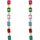 Colorful Crystal Dangle Drop Earrings for Women,Gold Multicolor Long Linear Square Rhinestone Chandelier Earrings,Iridescence CZ Ear Jewelry for Prom