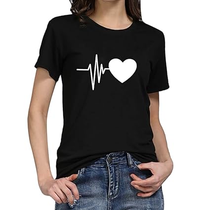FRAUIT Damen Lose Kurzarm T-Shirt Herz Drucke Weise Hemden Frauen beiläufige Oansatz Spitze Oberteile Mode Elegant Streetwear