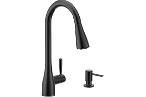 Moen Shoreway Single Handle Pull-Down Kitchen Faucet with Power Clean, Soap Dispenser and Reflex, Matte Black, 87236BL