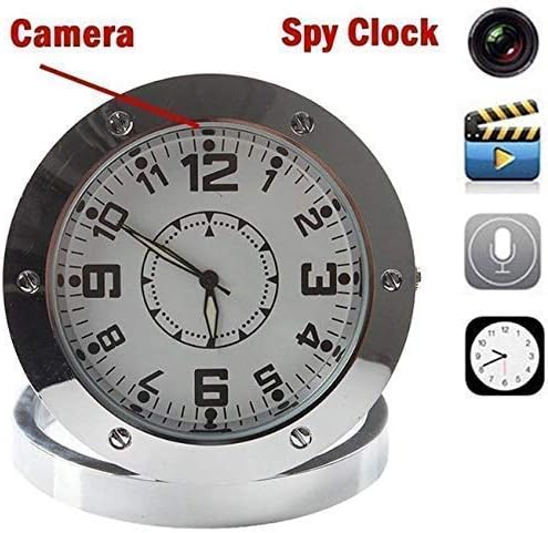 Hamtone Steel Round Table Clock Wired Audio Video Recording Camera- Silver