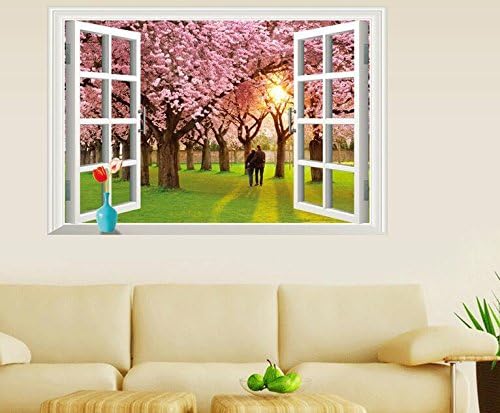 Aiwall 9234E 3D Pink Romantic Cherry Tree Wall Sticker Fake Windows Landscape Wall Decals Home Decorations Wall Sticker for Bedroom Living Room