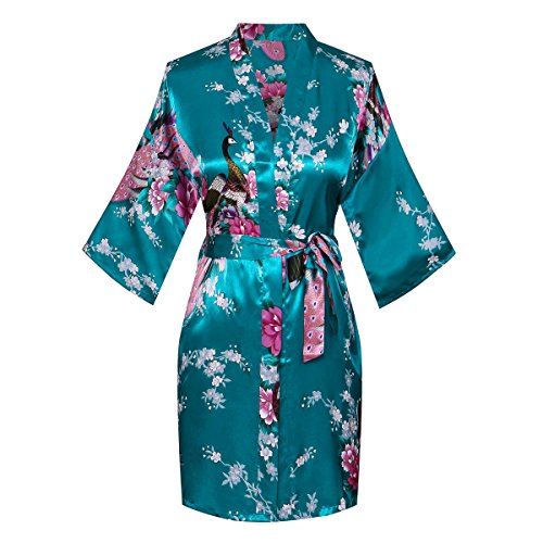 Yukata Women's Short Kimono Robe, Peacock&Blossom Design, Atrovirens M