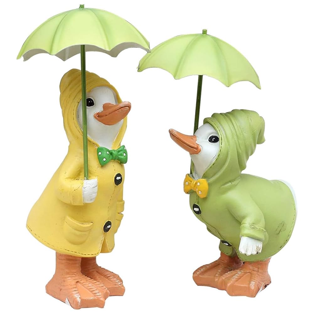 Pojedehy 2Pcs Cute Little Ducks Resin Ornament with Umbrella - Outdoor Garden Decoration