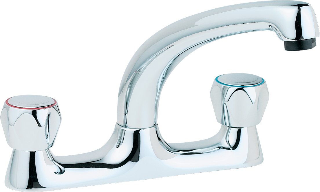 Deva DCM105 Kitchen Sink Bridge Mixer Tap with Chrome Finish Swivel Spout-Deck Mount Flow Round Hot & Cold Silver Handles-for Dual and Single Basin-12 Year Warranty