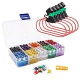 FICBOX Blade Car Fuses Assortment Kit, 100PCS Standard Assorted Fuses with 5 Inline Fuse Holders - Includes Fuse Puller Tool, Great for Use on Cars