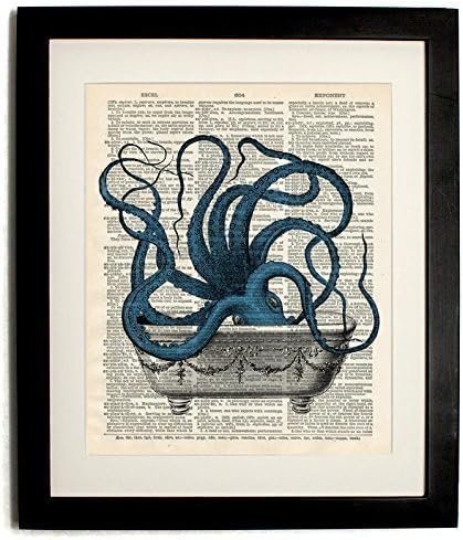 FRAMED octopus in Tub Upcycled Vintage Dictionary Art Print 8"x10" Print with Matted 10"X12" Frame