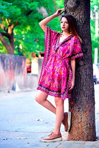 Hastkala Women's Short Kaftan, V-Neck Kimono Tunic, Casual Dress 35” To 37" Long (approx) Multi