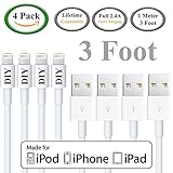 [Apple MFi Certified] [4 Pack] Lightning to USB Charger and Sync Cable for iPhone 6S / 7 (White - 1 Meter)!