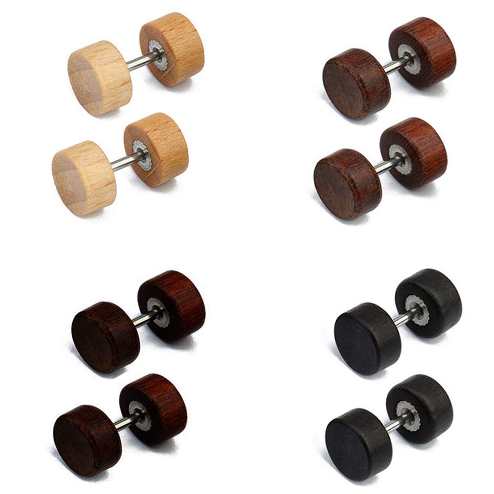 Epoch World 4 Pairs 8MM Stainless Steel Wood Studs Earrings for Men Women Unisex Wooden Earrings Studs Ears Plugs Piercing Tunnel Barbell Earrings Set, Small Wood Earrings Men Women