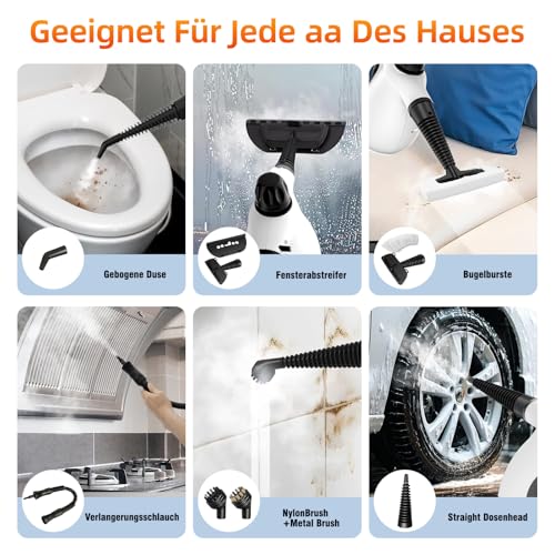 Limpiador a Vapor de Mano, Limpiador Vapor Portátil Multiusos con 12 Accesorios, Steam Cleaner de Alta Temperatura para Cocina, Baño, Sofa, Alfombras, Ventana, Suelos e Interior de Coche (Blanco)
